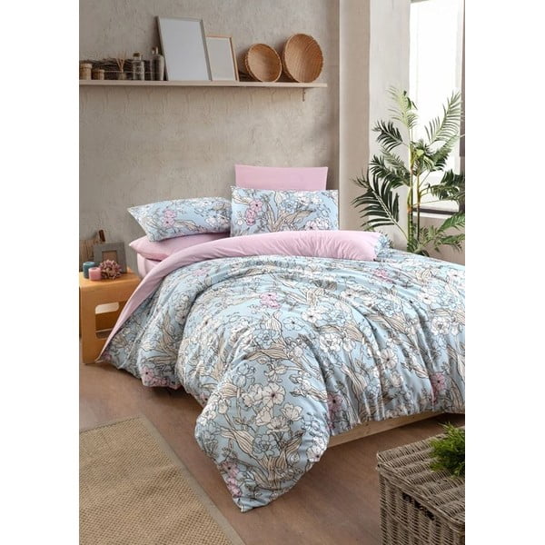 Modro-ružové predĺžené štvordielne obliečky na dvojlôžko s plachtou 160x220 cm Floral – Mila Home