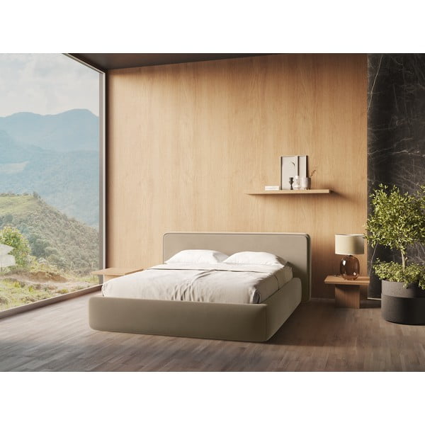 Svetlohnedá čalúnená dvojlôžková posteľ s úložným priestorom s roštom 160x200 cm Kiana – Makamii-image-1