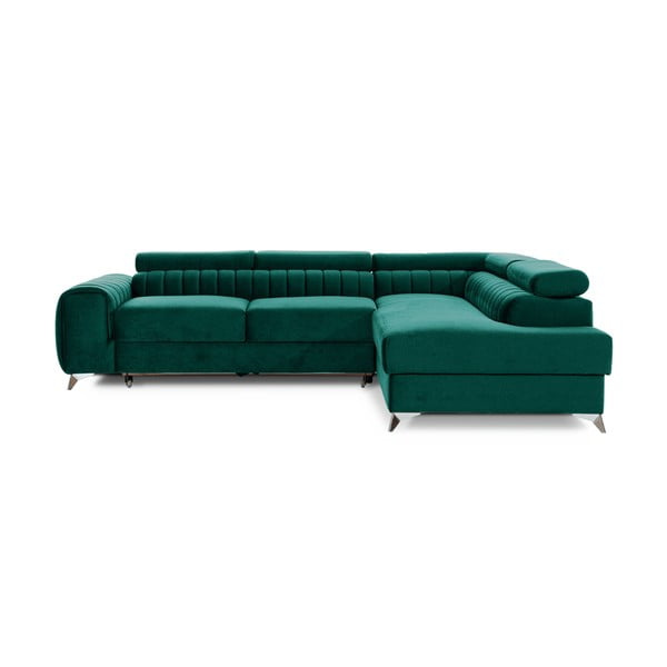 Zelená zamatová rozkladacia/s úložným priestorom rohová pohovka (pravý roh/do L) Laurence – ELTAP