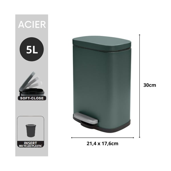 Tmavozelený nášľapný oceľový odpadkový kôš 5 l Akira – Spirella-image-2