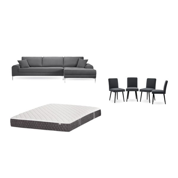 Set sivej pohovky s leňoškou vpravo, 4 antracitovosivých stoličiek a matraca 160 × 200 cm Home Essentials