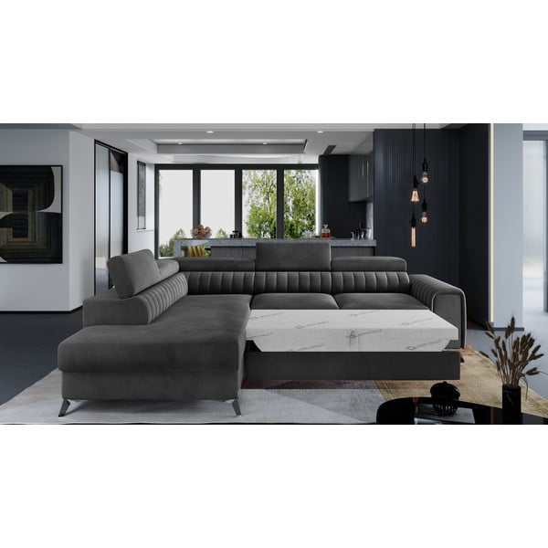 Tmavosivá zamatová rozkladacia/s úložným priestorom rohová pohovka (ľavý roh/do L) Laurence – ELTAP-image-2