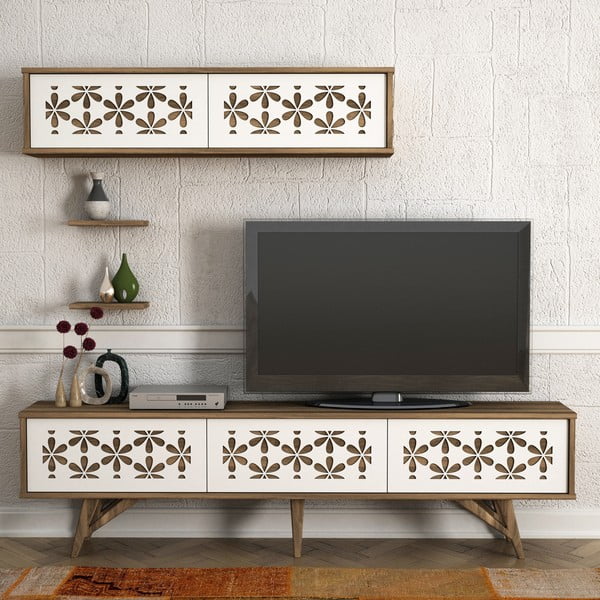 Set TV komody a nástenných skriniek v dekore orechového dreva Flor