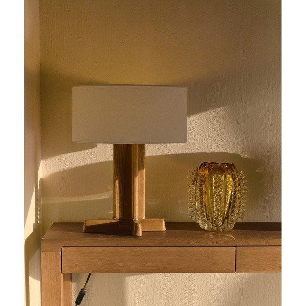 Biela/hnedá stolová lampa z kaučukového dreva s textilným tienidlom (výška  48 cm) Niani – Kave Home-image-1