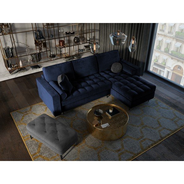 Modrá zamatová rozkladacia rohová pohovka Milo Casa Santo, pravý roh-image-1