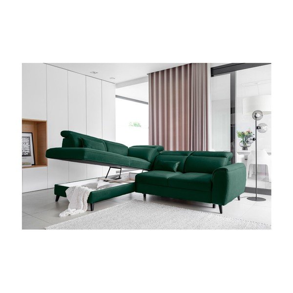 Zelená zamatová rozkladacia/s úložným priestorom rohová pohovka (ľavý roh/do L) Noble – ELTAP-image-3