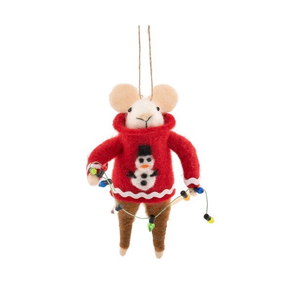 Textilná vianočná ozdoba 6 cm Mouse in Snowman Jumper with Fairy Lights – Sass & Belle
