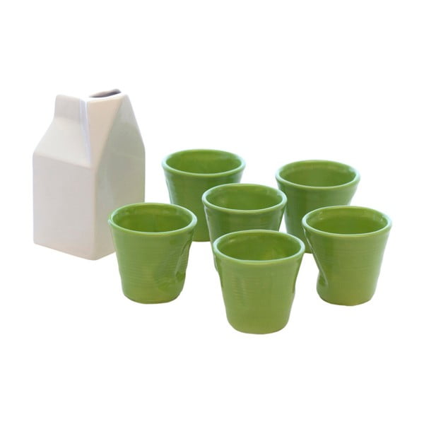 Bielo-zelený set nádoby na mlieko a 6 šálok na espresso Kaleidos Milk