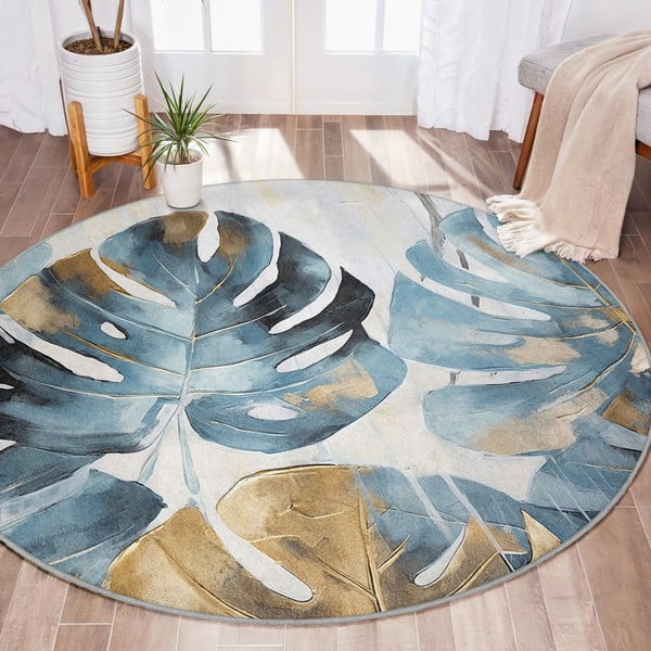 Modrý prateľný okrúhly koberec ø 150 cm Golden Leaves – Mila Home-image-1
