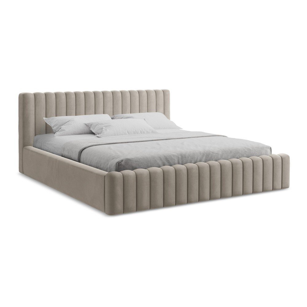 Taupe čalúnená dvojlôžková posteľ s úložným priestorom s roštom 160x200 cm Lemi – Makamii