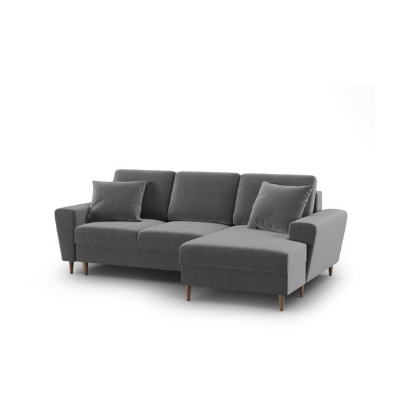 Svetlosivá zamatová rozkladacia/s úložným priestorom rohová pohovka (pravý roh/s leňoškou) Kyoto – Cosmopolitan Design-image-1