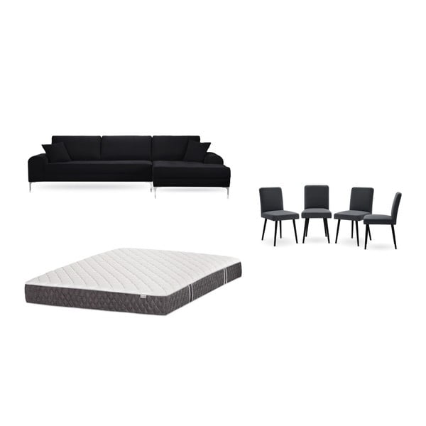 Set čiernej pohovky s leňoškou vpravo, 4 antracitovosivých stoličiek a matraca 160 × 200 cm Home Essentials