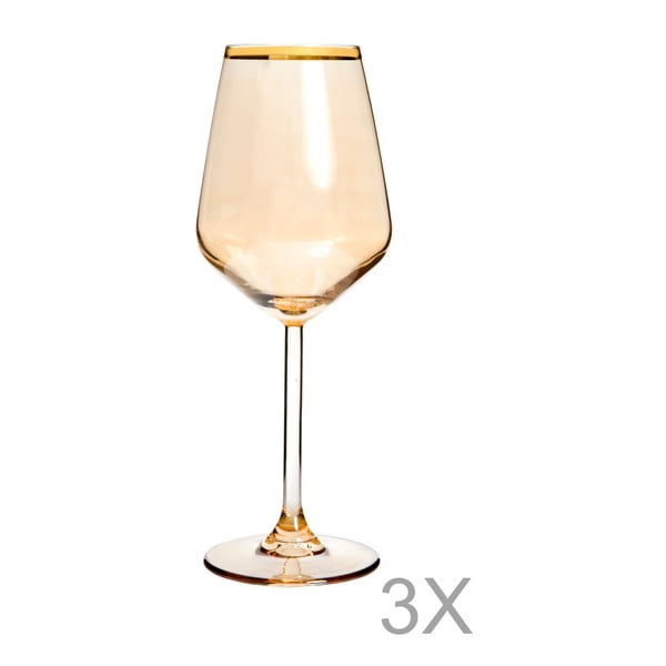 Sada 3 oranžových pohárov na víno s okrajom zlatej farby Mezzo, 320 ml