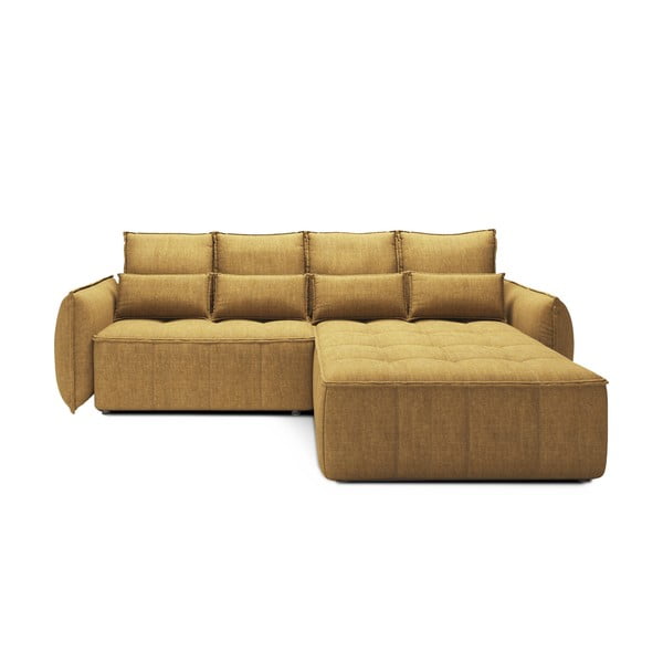 Žltá zamatová rozkladacia/s úložným priestorom rohová pohovka (pravý roh/s leňoškou) Campo – ELTAP