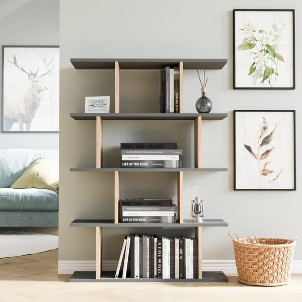 Sivá/prírodná knižnica v dekore duba 90x127 cm Harmon - Kalune Design-image-1