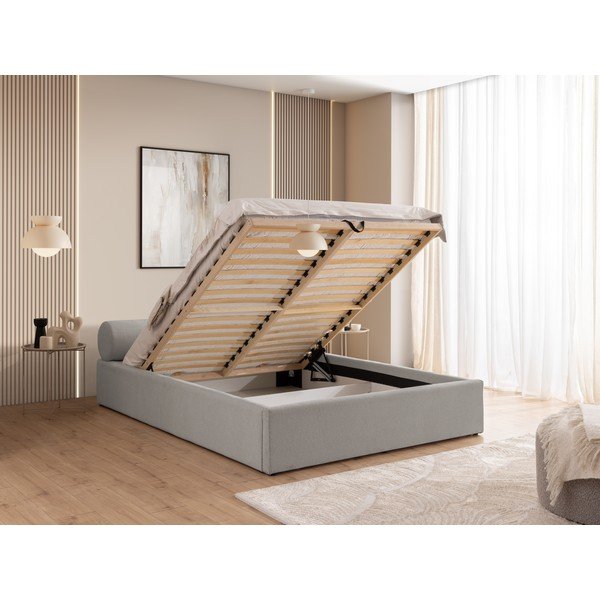 Svetlosivá čalúnená dvojlôžková posteľ s úložným priestorom s roštom 200x200 cm Cille – Ropez-image-4