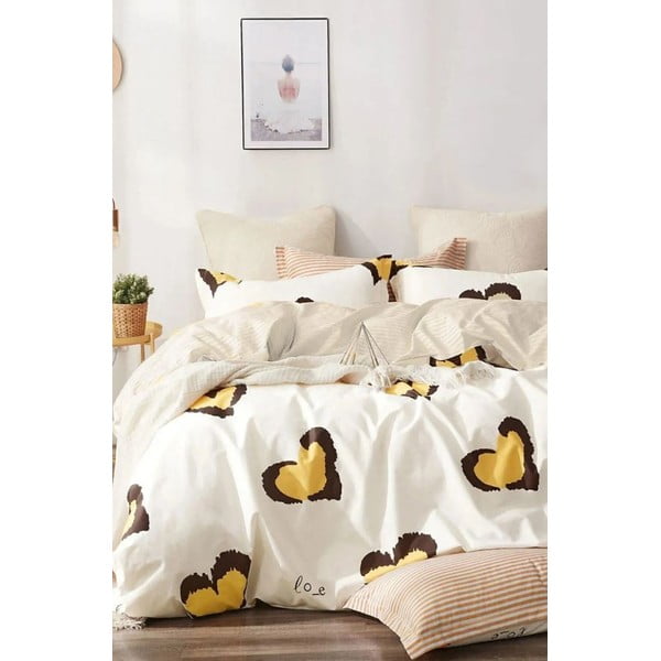 Žlté predĺžené obliečky na dvojlôžko z bavlny Renforcé s plachtou/4-dielne 200x220 cm Double Heart – Mila Home