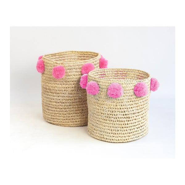Sada 2 úložných košíkov z palmových vlákien s ružovými dekoráciami Madre Selva Milo Basket