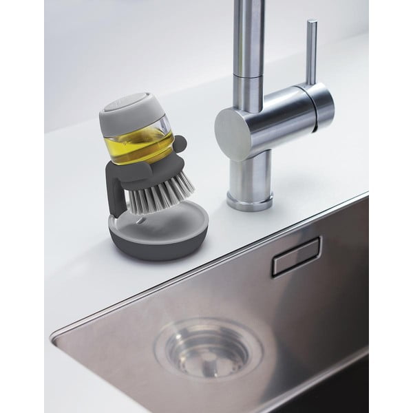 Sivá kefa s dávkovačom a stojanom Joseph Joseph Palm Scrub-image-1