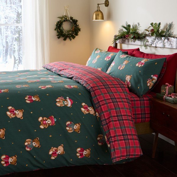 Červené/tmavozelené obliečky na jednolôžko 150x120 cm Christmas Tartan Teddy Bear – Catherine Lansfield