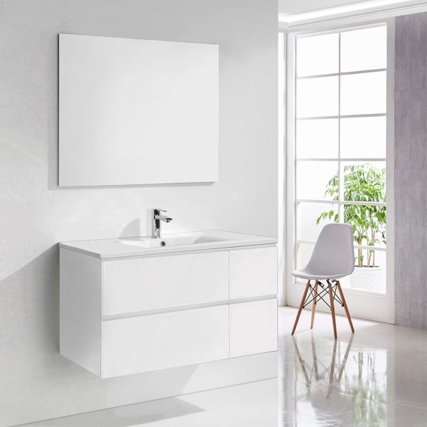 Kúpeľňová skrinka s umývadlom a zrkadlom Capri, odtieň bielej, 100 cm