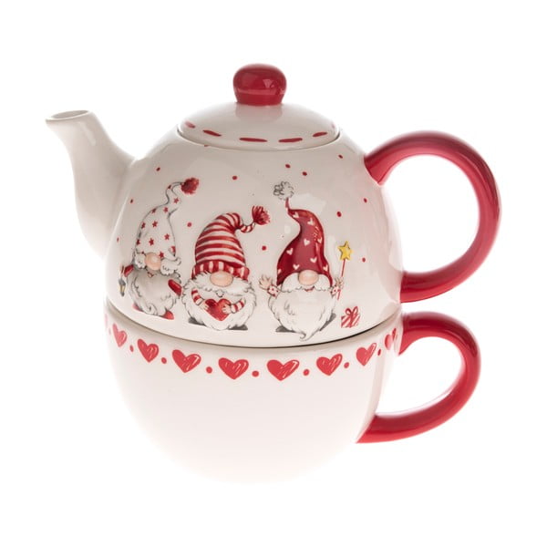 Červeno-biela keramická kanvica na čaj s motívom trpaslíkov Dakls