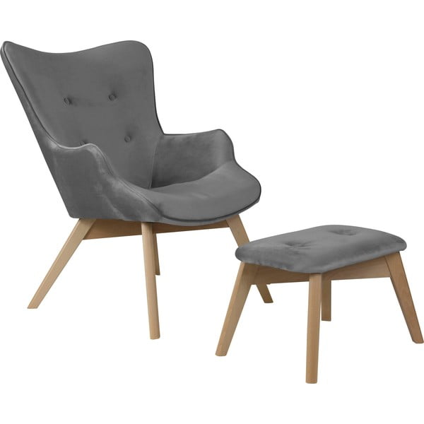 Sivé zamatové kreslo s podnožkou Niko – Ropez
