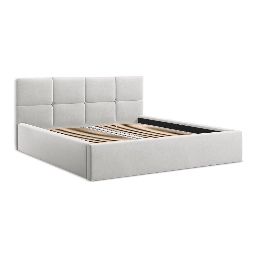 E-shop Svetlosivá zamatová čalúnená dvojlôžková posteľ s úložným priestorom s roštom 140x200 cm Hiko – Makamii