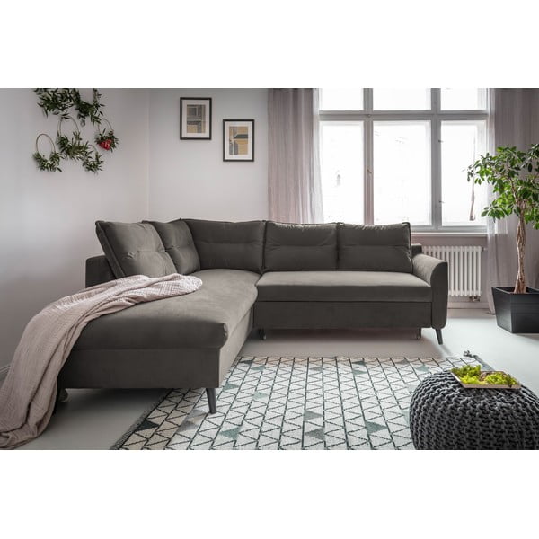 Tmavosivá zamatová rozkladacia rohová pohovka Miuform Stylish Stan L, ľavý roh-image-1