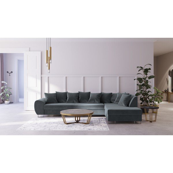 Sivá zamatová rohová pohovka Kooko Home Calmato, pravý roh-image-1
