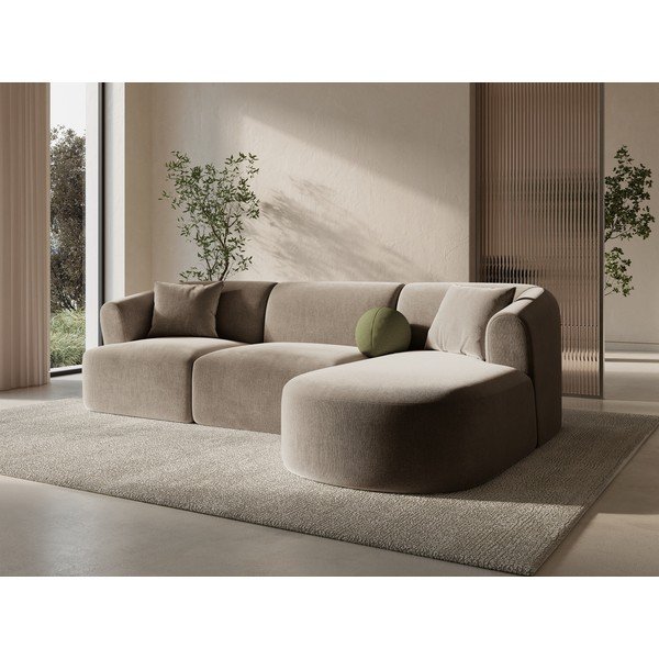 Svetlohnedá zamatová rohová pohovka (pravý roh/s leňoškou) Campi – Cosmopolitan Design-image-1