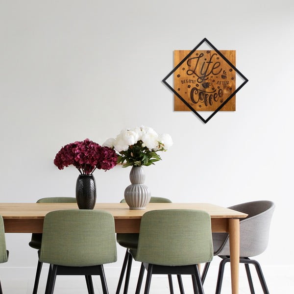 Dreveno-kovová nástenná dekorácia 54x54 cm Life Begins After Coffee - Wallity-image-1