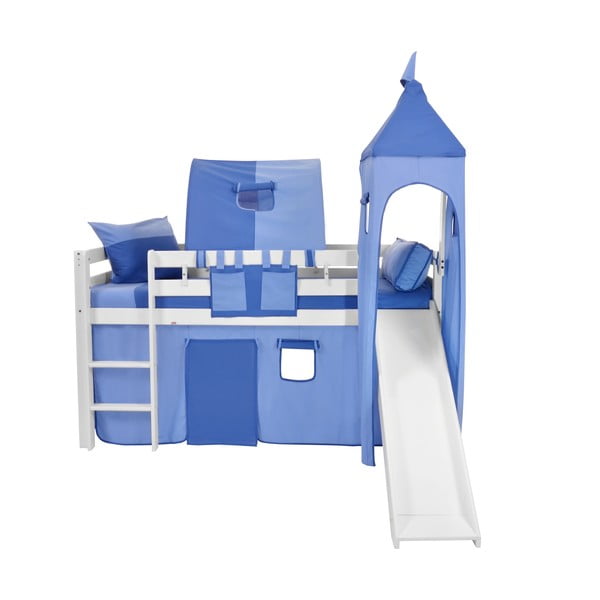 Detská biela poschodová posteľ so šmýkačkou a modrým hradným bavlneným setom Mobi furniture Tom, 200 x 90 cm