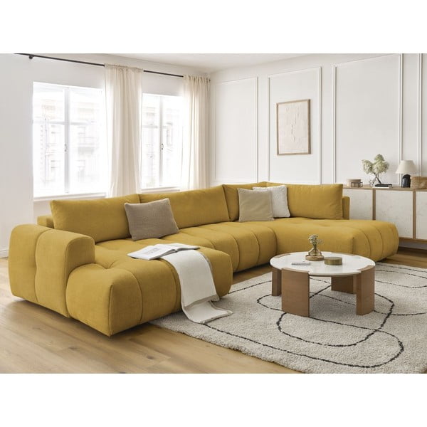 Rozkladacia/s úložným priestorom rohová pohovka v horčicovej farbe (pravý roh/do tvaru "U") Fuji – Bobochic Paris-image-1