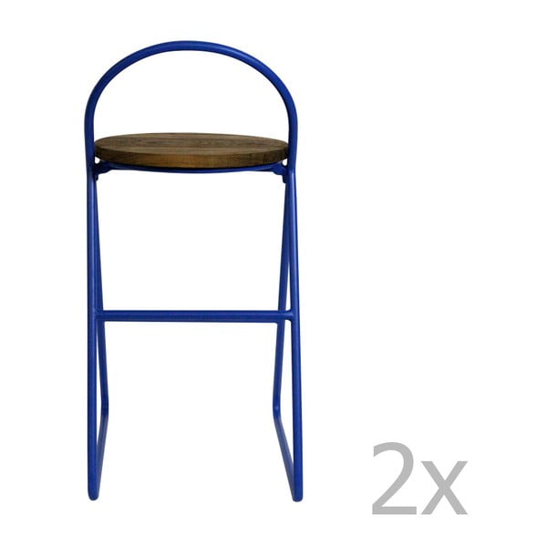 Sada 2 barových stoličiek s brestovým drevom a modrou kovovou konštrukciou Red Cartel Duke, výška 89 cm