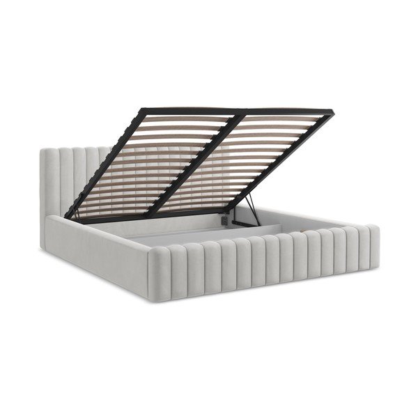 Čalúnená dvojlôžková posteľ s úložným priestorom s roštom 160x200 cm v striebornej farbe Lemi – Makamii-image-3