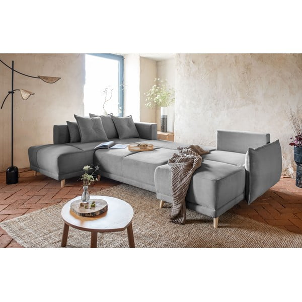 Sivá menčestrová rozkladacia rohová pohovka (ľavý roh/do "U") Lazy Lukka – Miuform-image-1