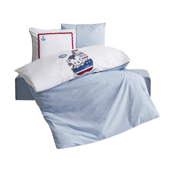 Biele/modré bavlnené detské obliečky do postieľky s plachtou/4-dielne 100x150 cm Miniyo – Mijolnir