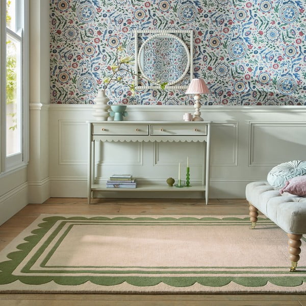 Ručne tkaný vlnený koberec v zeleno-prírodnej farbe 120x170 cm Lois Scallop – Flair Rugs-image-1