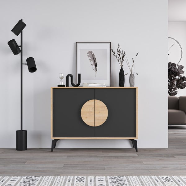 Nízka komoda v dekore duba v čierno-prírodnej farbe 110x82 cm Vae – Marckeric-image-2