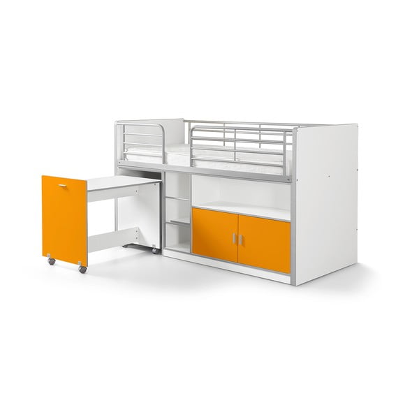 Oranžová poschodová posteľ s vysúvacím stolíkom a úložným priestorom Vipack Bonny, 200 × 90 cm