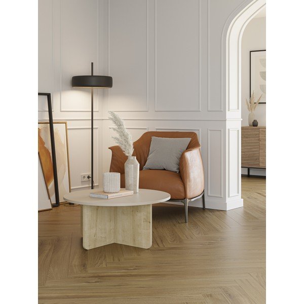 Krémovobiely/v prírodnej farbe okrúhly konferenčný stolík v dekore duba ø 80 cm Hillary – Marckeric-image-1