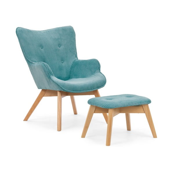 Tyrkysové menčestrové kreslo s podnožkou Niko – Ropez