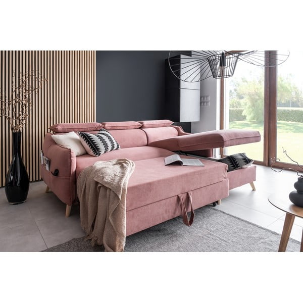 Svetloružová zamatová rozkladacia rohová pohovka (pravý roh) Sweet Harmony – Miuform-image-4