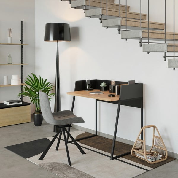 Čierny pracovný stôl s detailmi v dekore dubového dreva TemaHome Volga-image-1