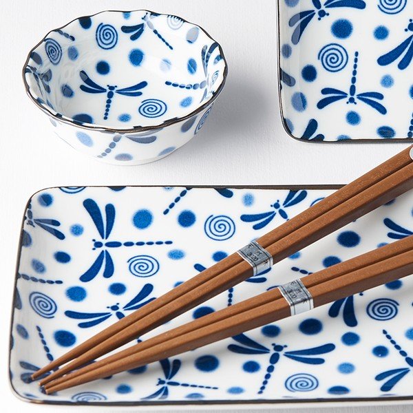 6-dielny set modro-bieleho keramického riadu na sushi MIJ Blue Dragonfly-image-2