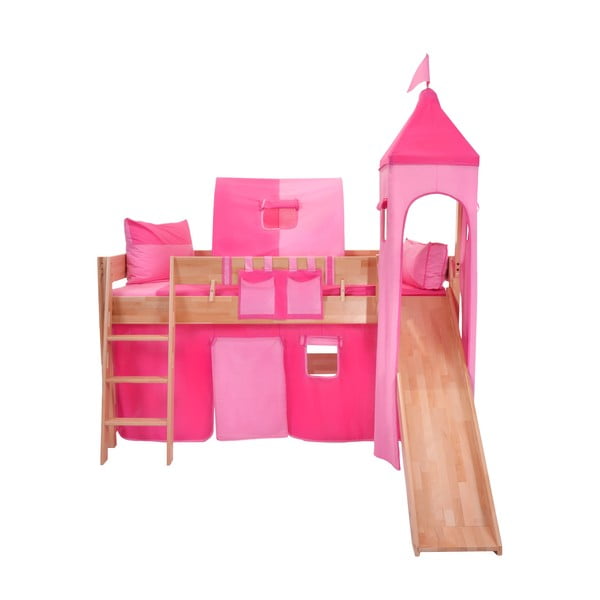 Detská poschodová posteľ so šmýkačkou a ružovým hradným bavlneným setom Mobi furniture Luk, 200 x 90 cm