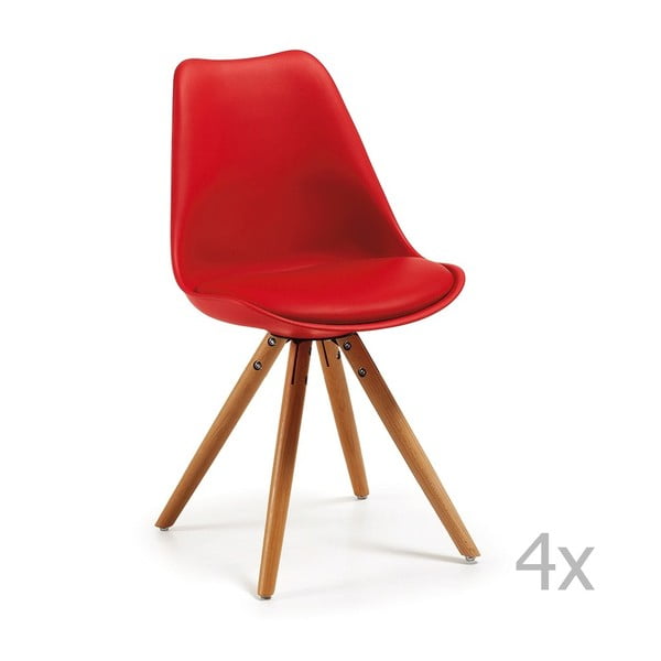 Sada 4 červených jedálenských stoličiek s drevenou podnožou La Forma Lars