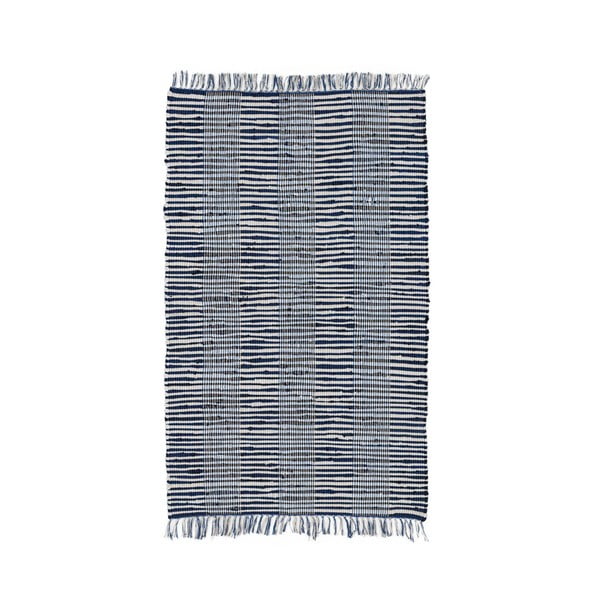 Modrý bavlnený koberec Ixia Fringes, 150 x 90 cm