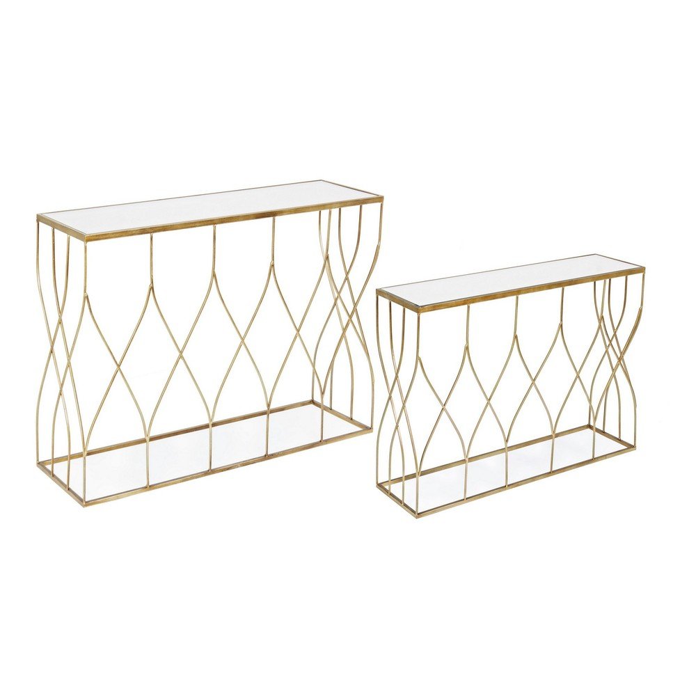 E-shop Konzolové stolíky v súprave 2 ks so sklenenou doskou v zlatej farbe 33x104 cm Elenor – Bizzotto